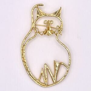 Cookie Lee Kitty Cat Hammered Gold Brooch Pin Abstract Whimsical Large 3"